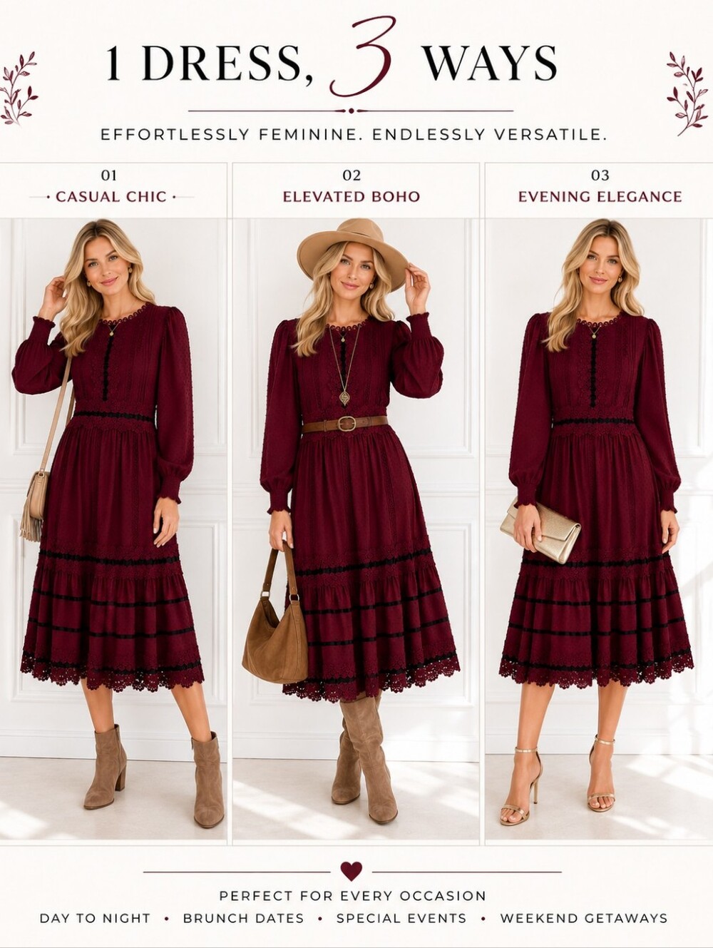 Just Me Burgundy Swiss Dot Lace Midi Dress Size Medium Long Sleeve Romantic - Picture 3 of 8